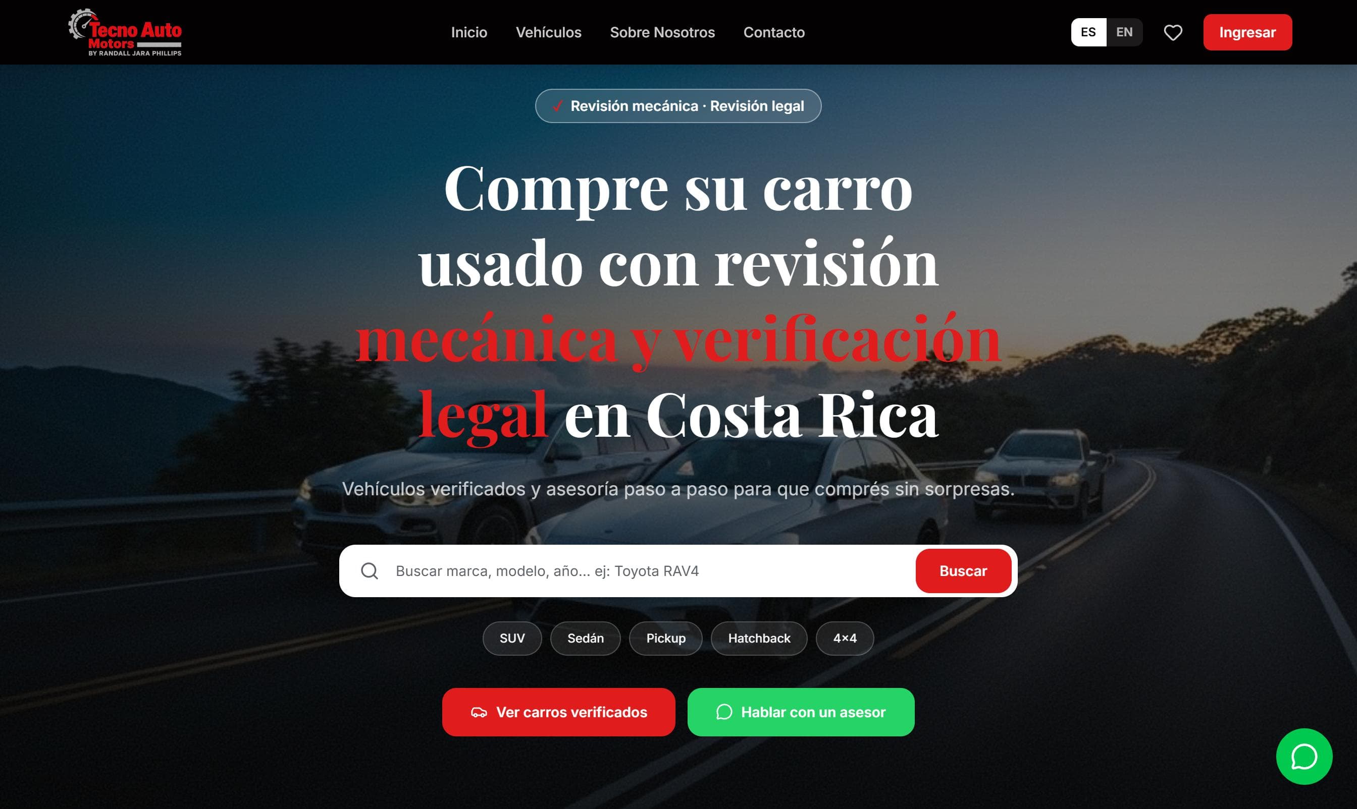 Página de inicio de Tecno Auto Motors con buscador de carros usados verificados en Costa Rica