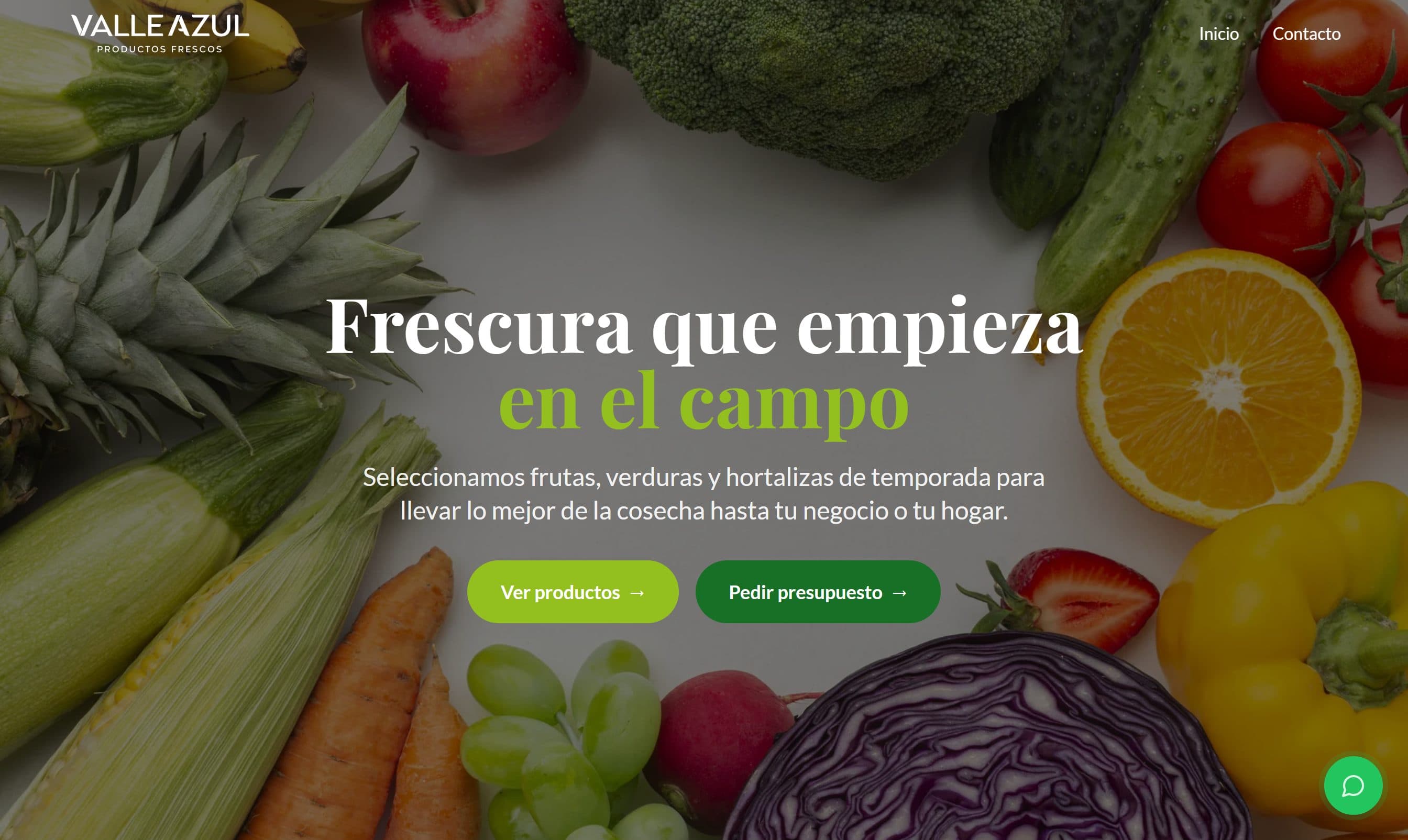 Página de inicio de Valle Azul Productos Frescos rodeada de frutas y verduras de temporada